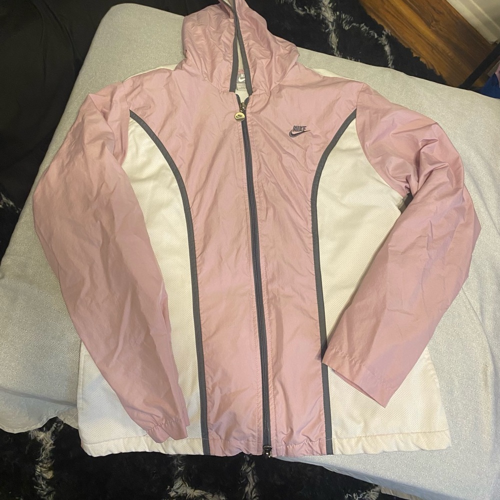 Nike Pink and White Hooded Bomber Jacket with Gray Trim